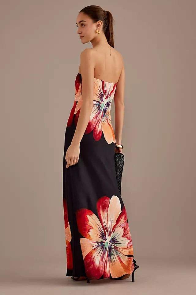 Janice Çiçek Desenli Straplez Maxi Elbise