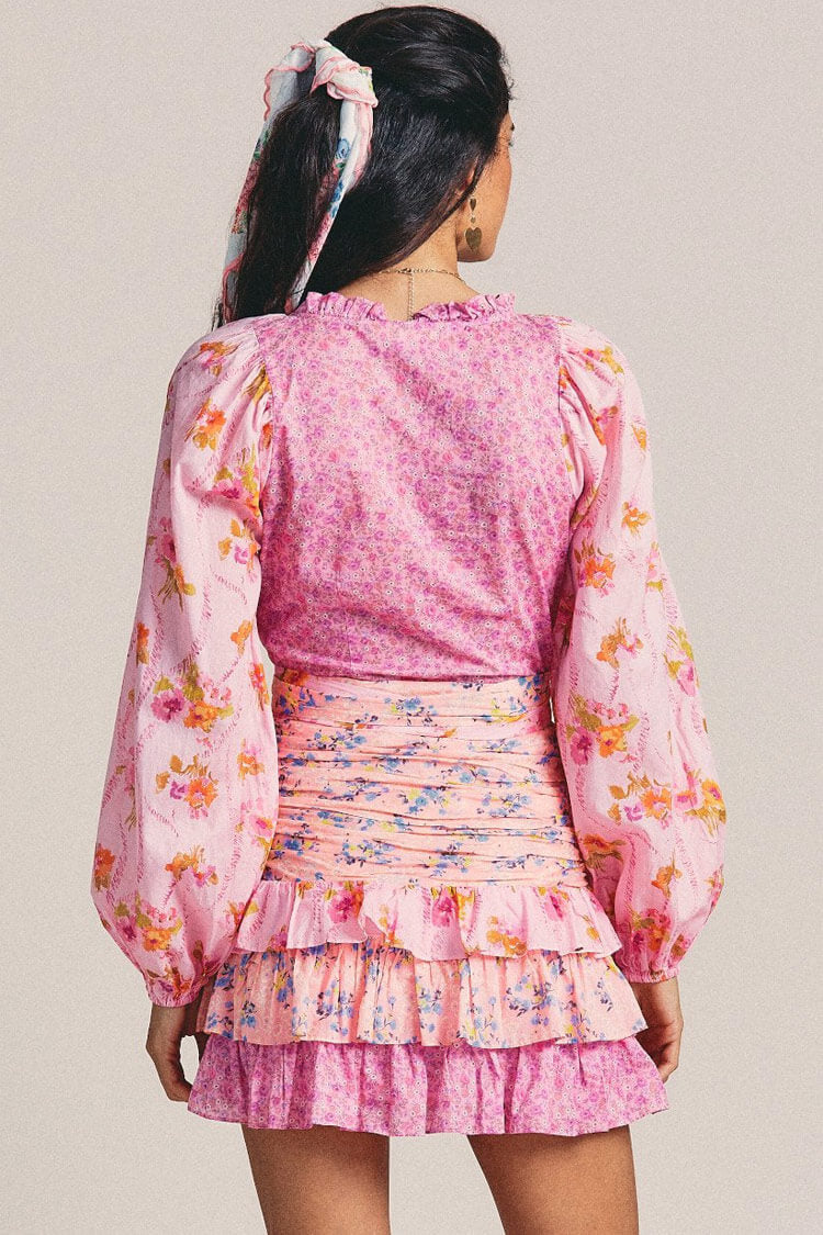Fırfırlı Çiçek Baskılı Mini Elbise - Pembe