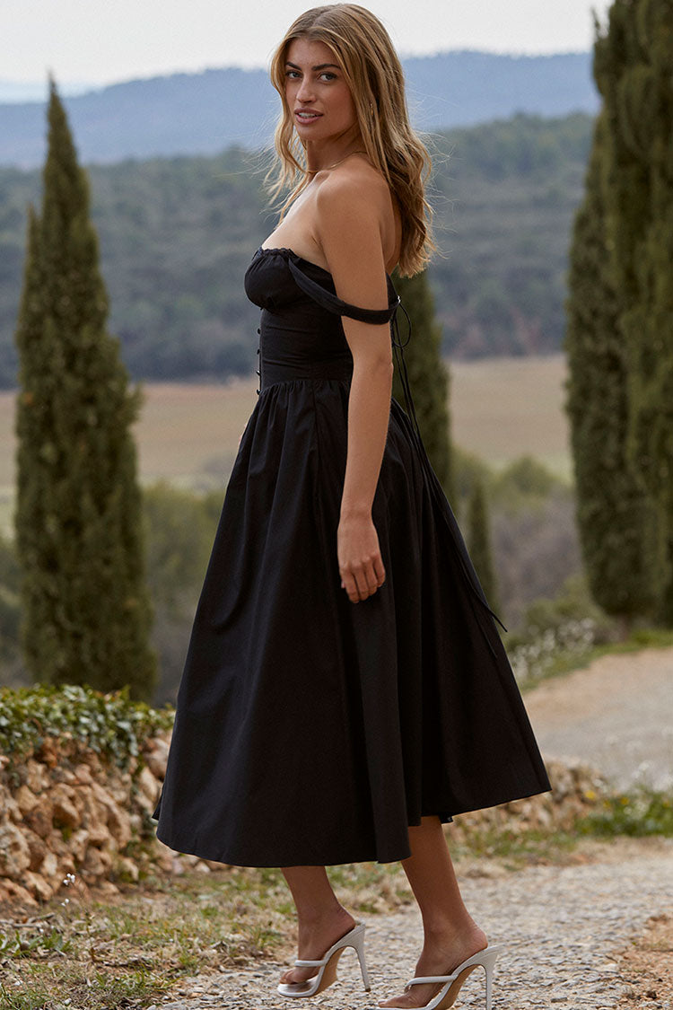 Kare Yaka Dantelli Flare Midi Elbise- Siyah