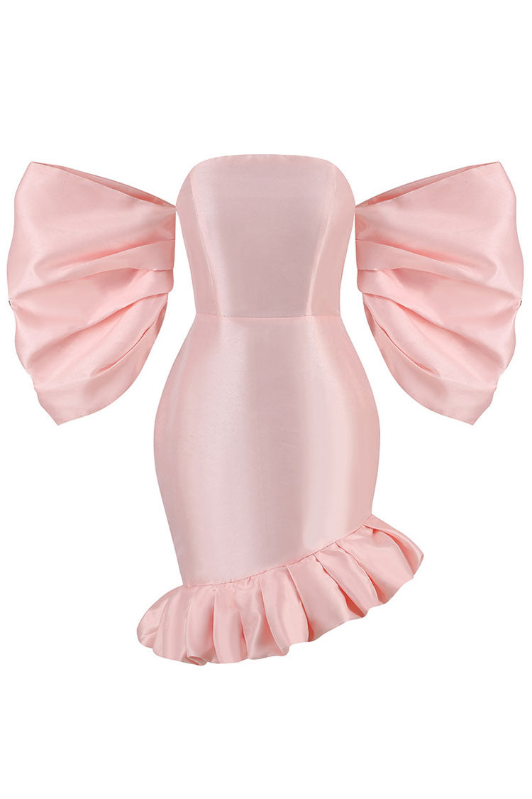 Puf Kol Fırfırlı Saten Parti Mini Elbise - Pembe