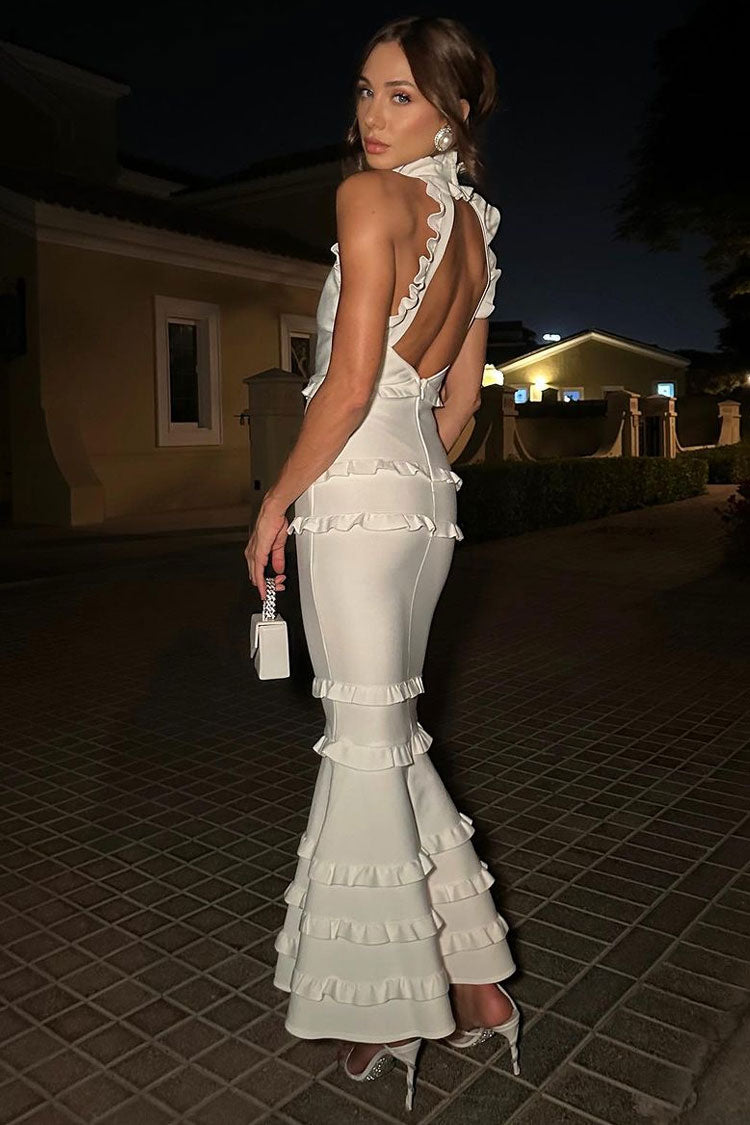 İpeksi Saten Katmanlı Fırfırlı Maxi Elbise - Beyaz