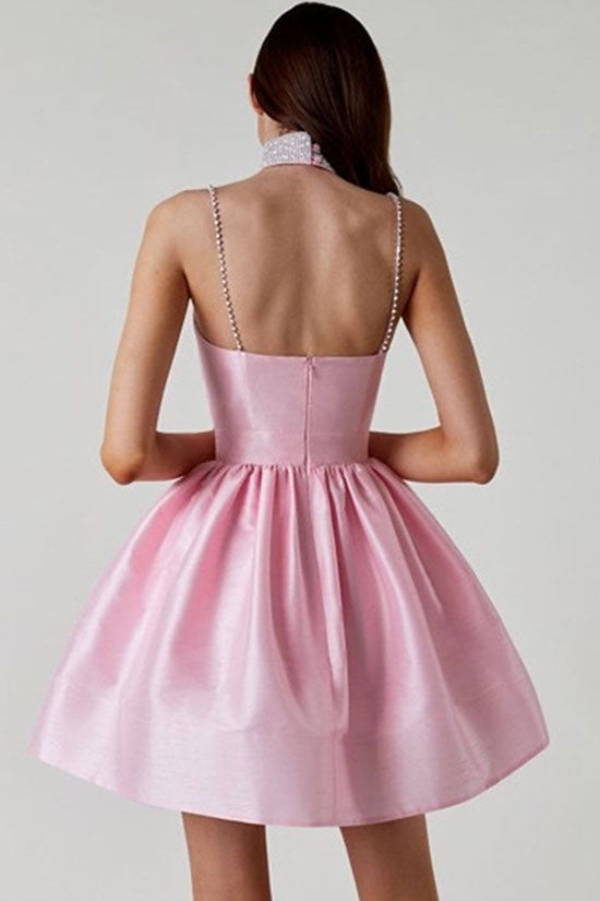 Askılı Pileli Saten Patenci Mini Elbise - Pembe