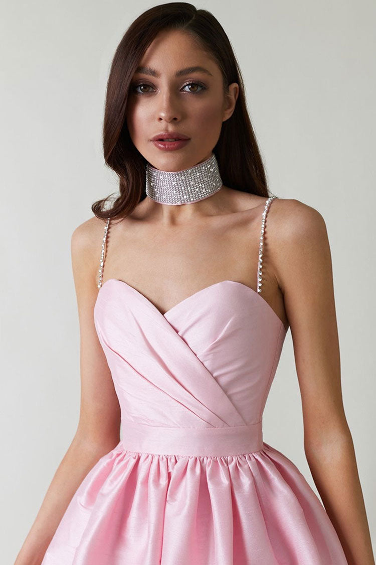 Askılı Pileli Saten Patenci Mini Elbise - Pembe