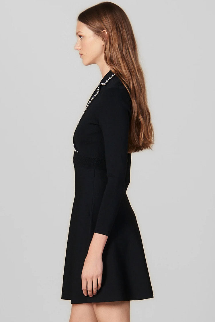 Vintage İnci Yaka Mini Elbise - Siyah