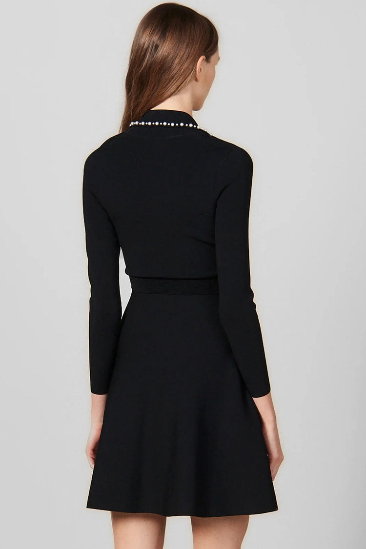 Vintage İnci Yaka Mini Elbise - Siyah
