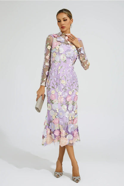 Mor Çiçek İşlemeli Midi Elbise