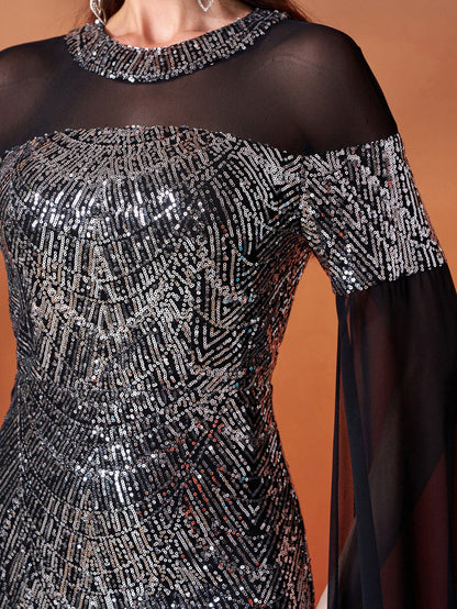 Siyah Payetli Kap Kol Zarif Maxi Elbise