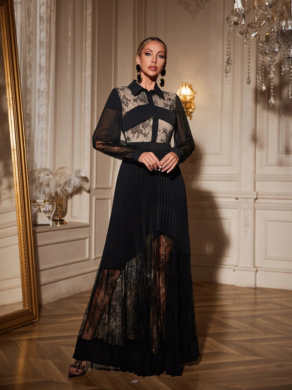 Dantel Panelli Pileli Maxi Elbise