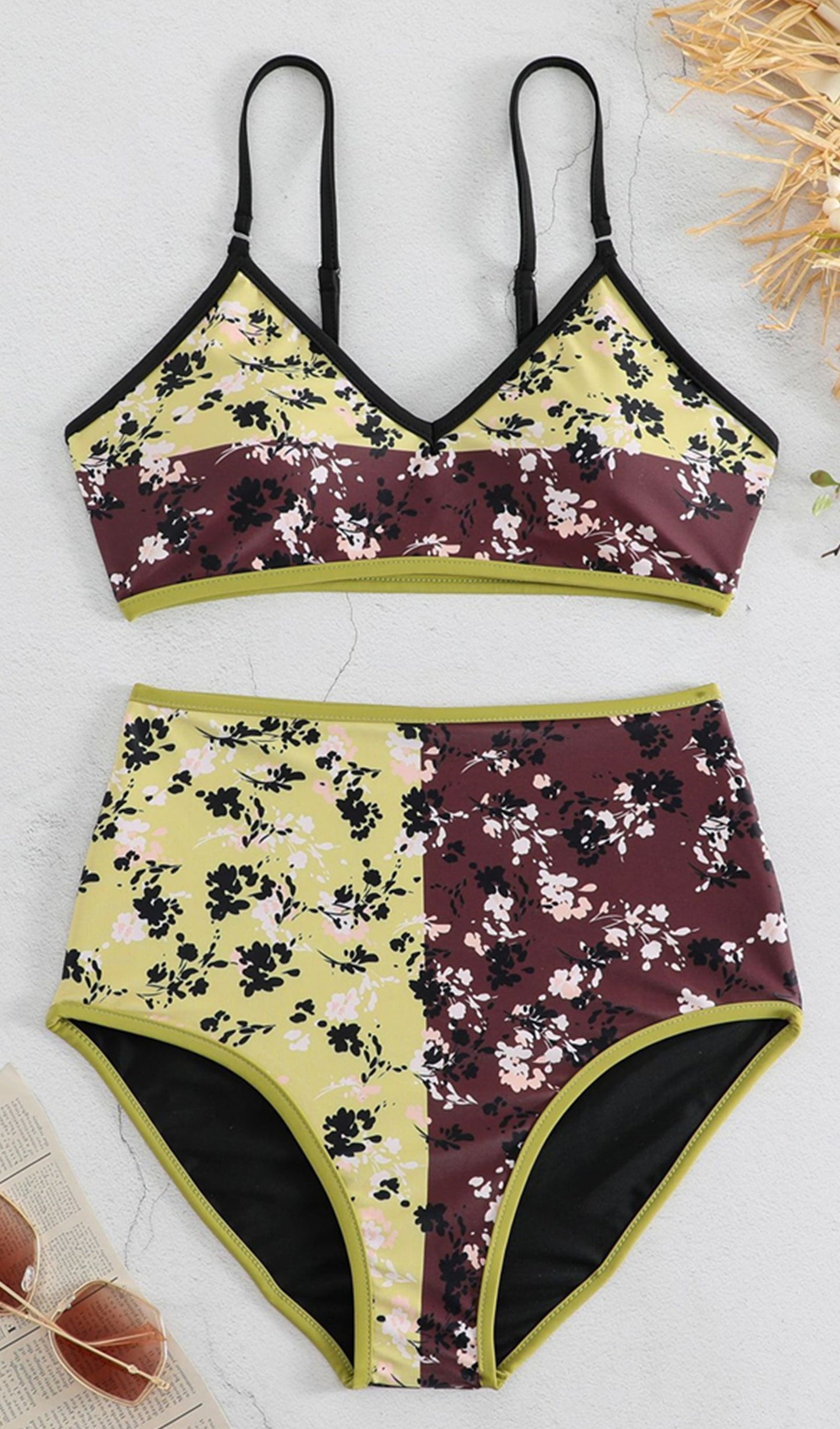 Tersinir Çiçekli Bikini Takımı Mayo Siyah