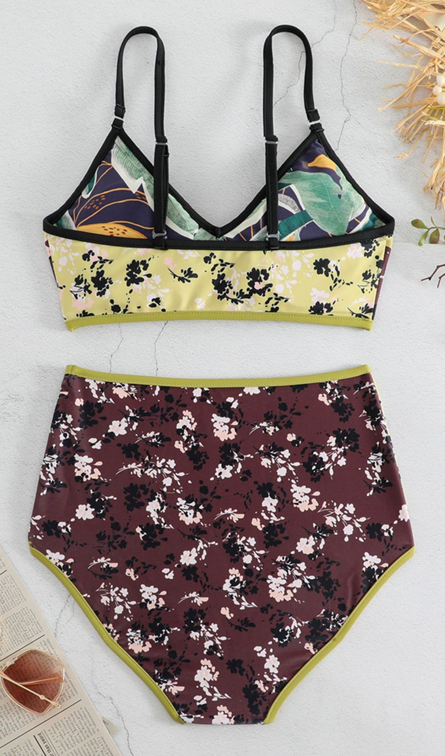 Tersinir Çiçekli Bikini Takımı Mayo Siyah