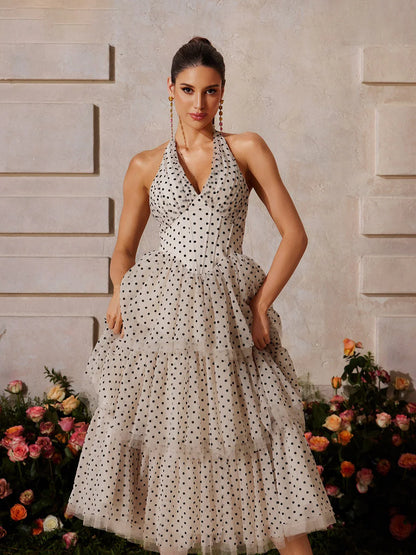 Amélie Polka Dot Katlı Midi Elbise