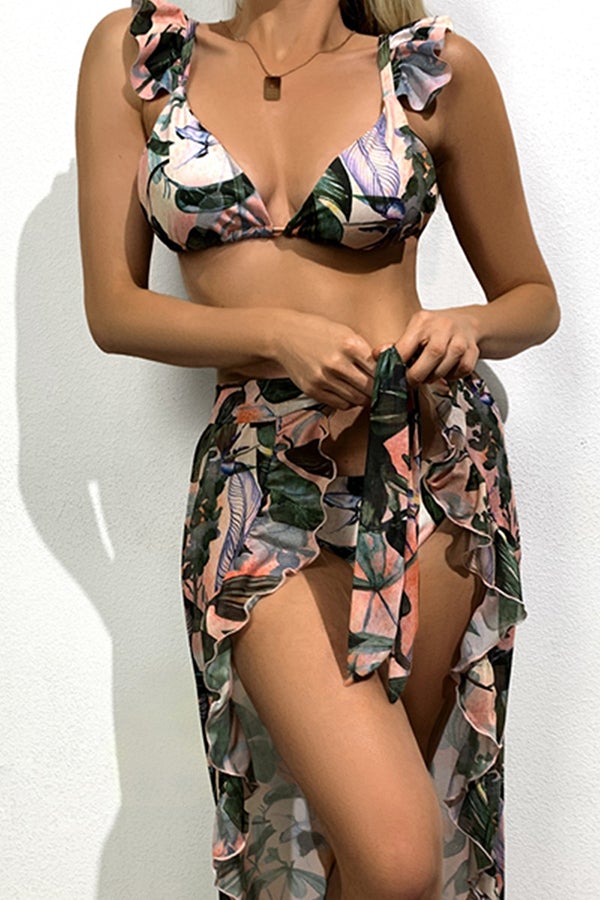 Yaprak Desenli Üç Parçalı Bikini-Pareo