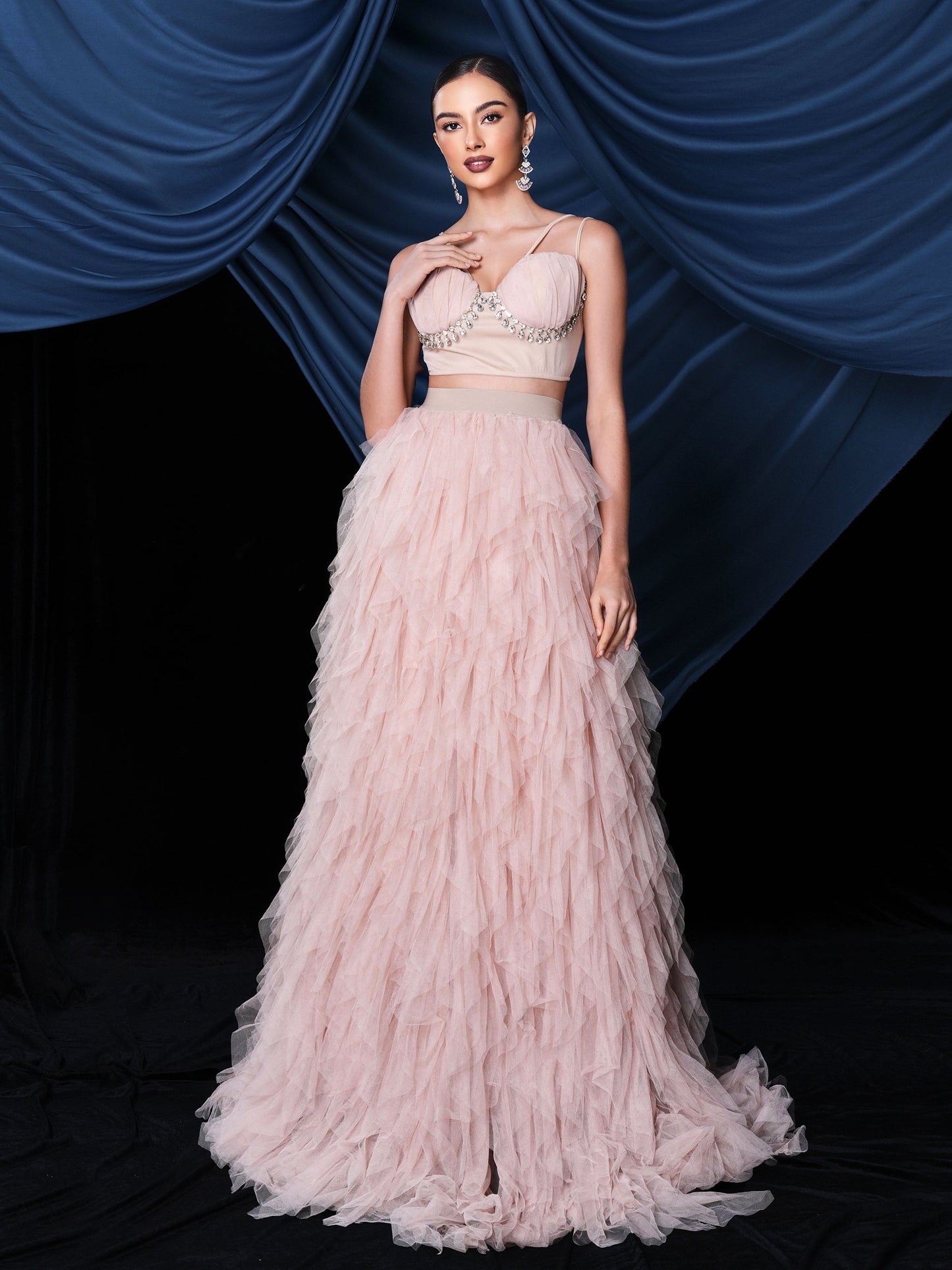 Ophelia Asimetrik Etek Ucu Tül Maxi Takım