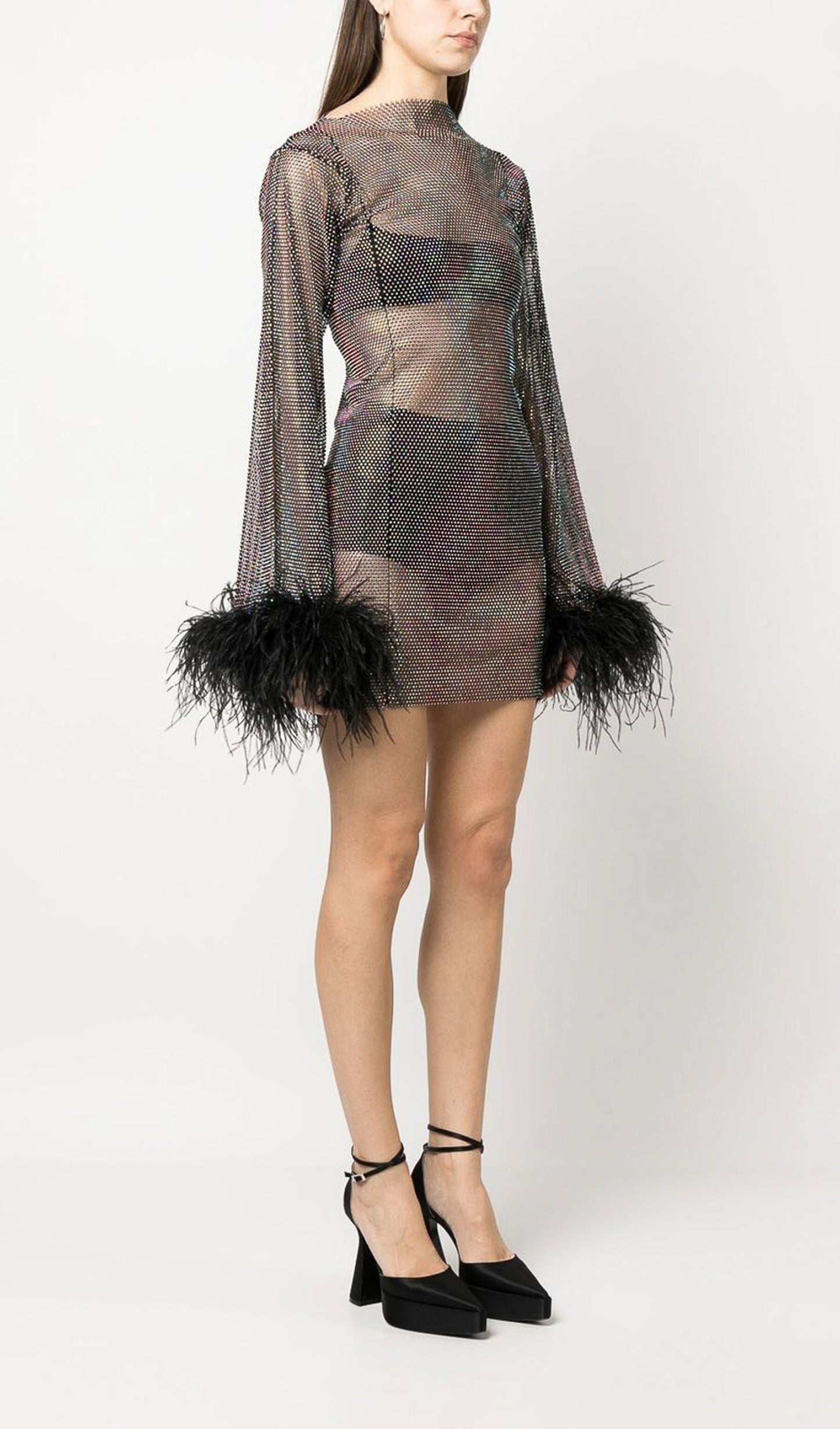 Şeffaf Rhinestone Mini Elbise
