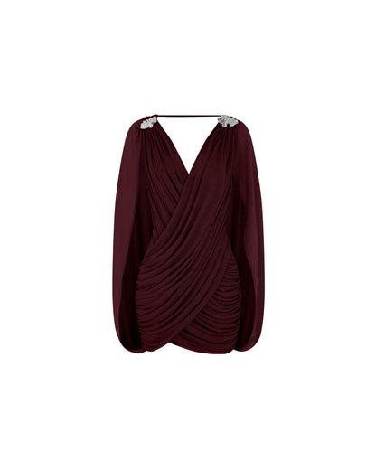 Niobe Dökümlü Mini Elbise-Bordo