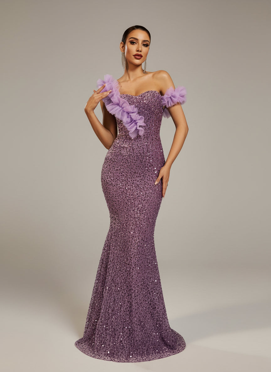 Ondine Payetli Fırfırlı Denizkızı Maxi Elbise