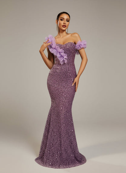 Ondine Payetli Fırfırlı Denizkızı Maxi Elbise