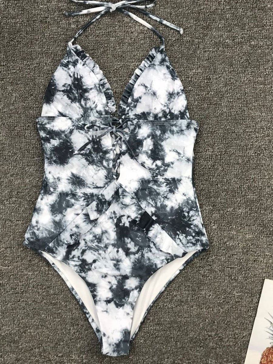 Flörtöz Fırfırlı Mermer Baskı Halter Batik Tek Parça Mayo