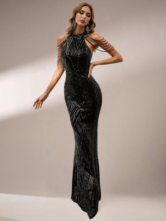 Perla Boncuklu Zincirli Maxi Elbisesi