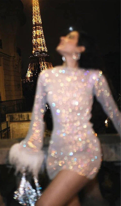 Şeffaf Rhinestone Mini Elbise