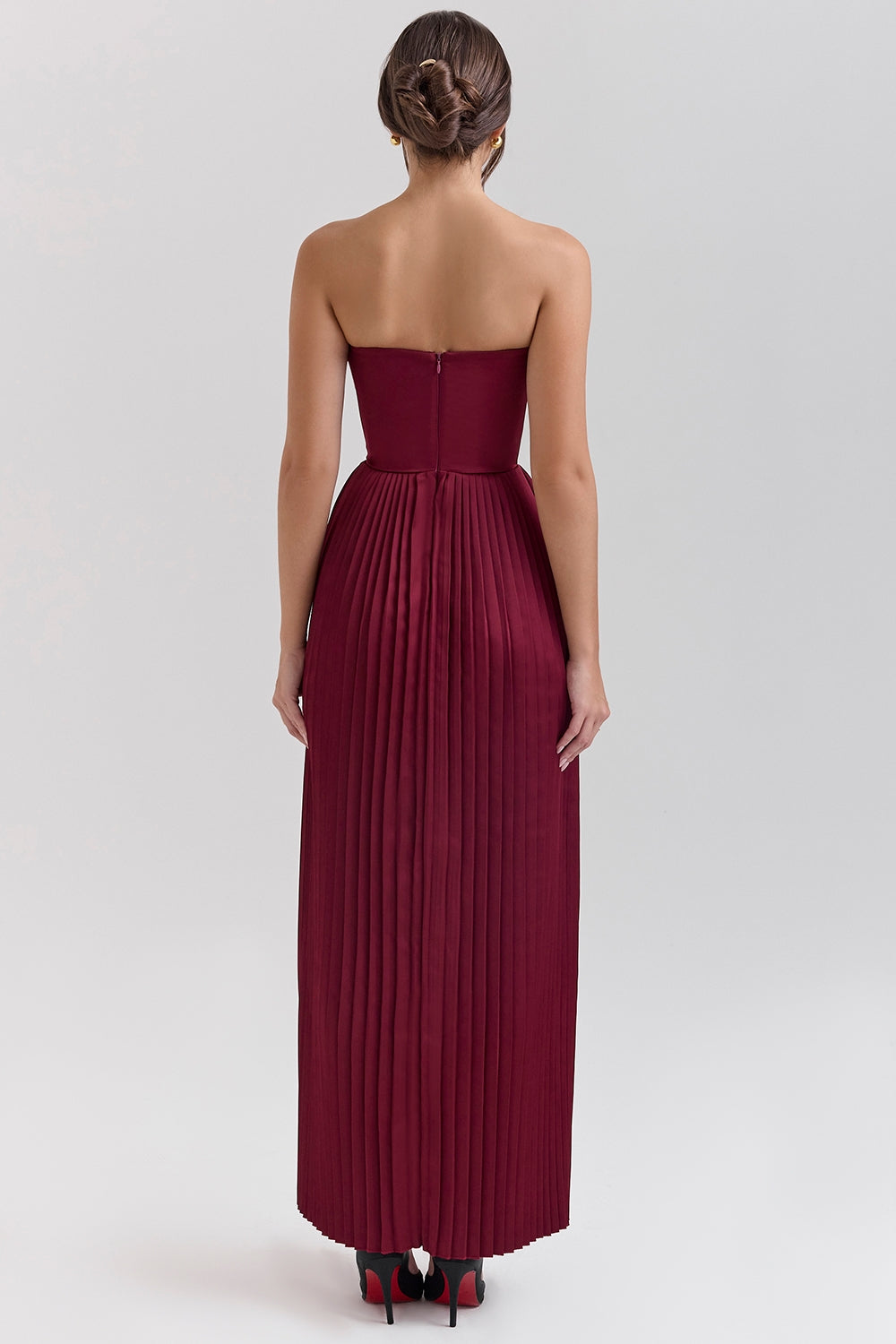 Céleste Pileli Bustier Maxi Elbise - Bordo