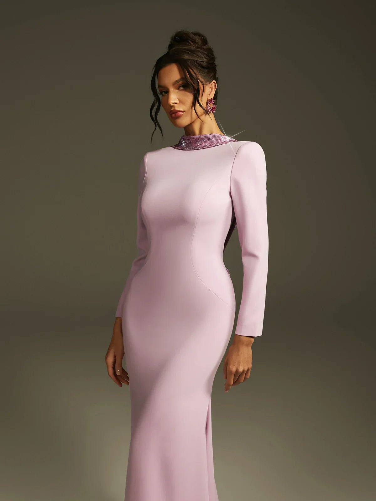 Leylak Kristal Gül Sırtı Açık Maxi Elbise