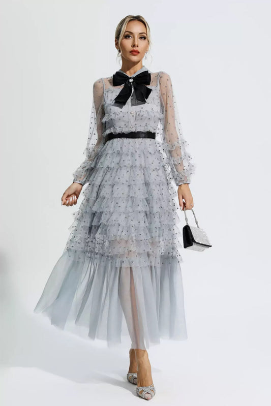 Fiyonklu File Maksi Elbise