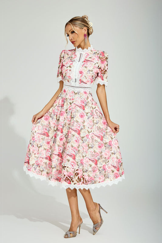 Rose Éclat Dantel Midi Elbise