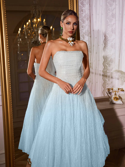 Parlak Gök Mavisi Maxi Tül Elbise