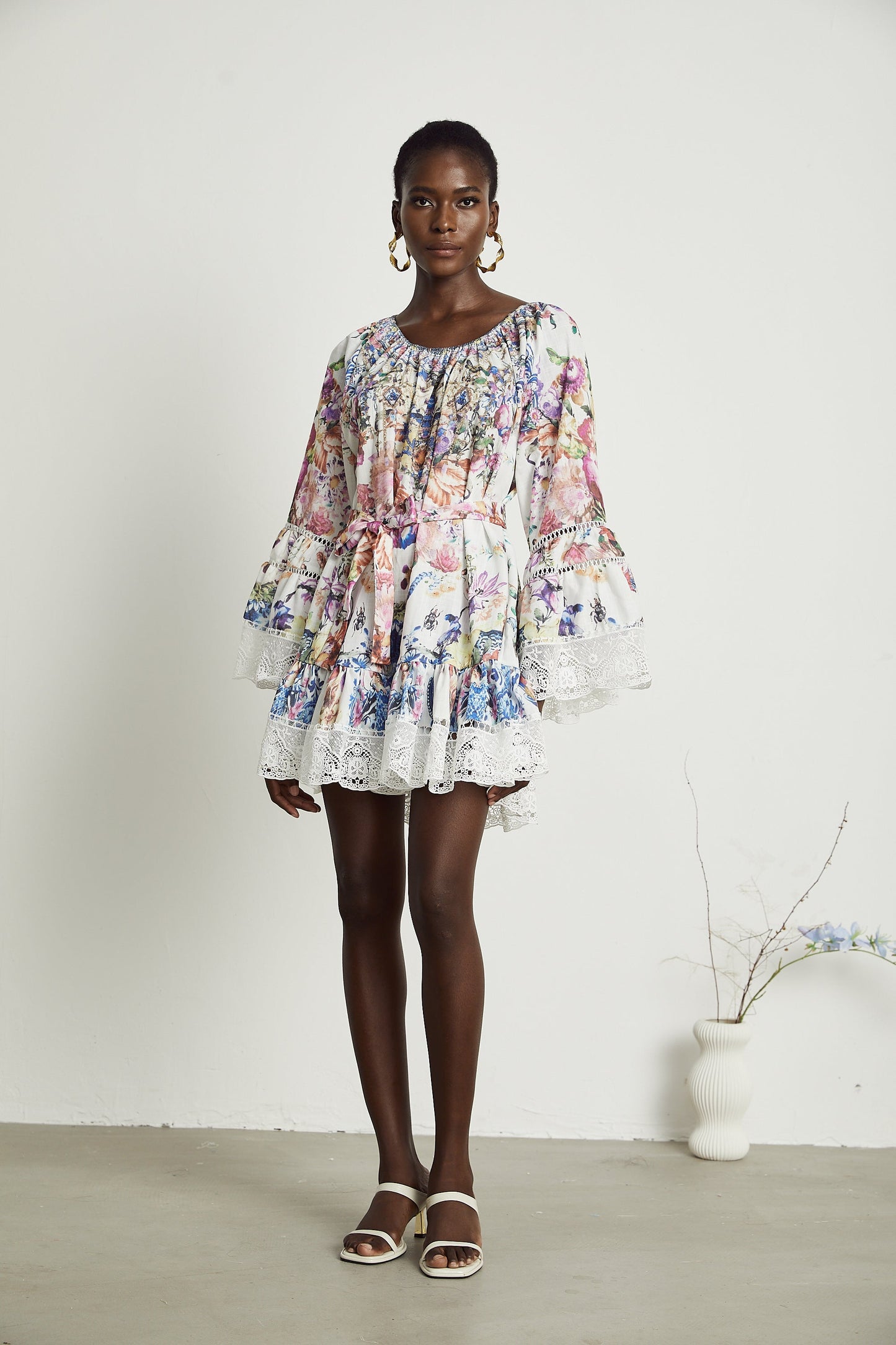 Bérénice Çiçek Desenli Dantelli Mini Elbise