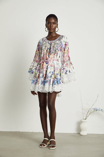 Bérénice Çiçek Desenli Dantelli Mini Elbise