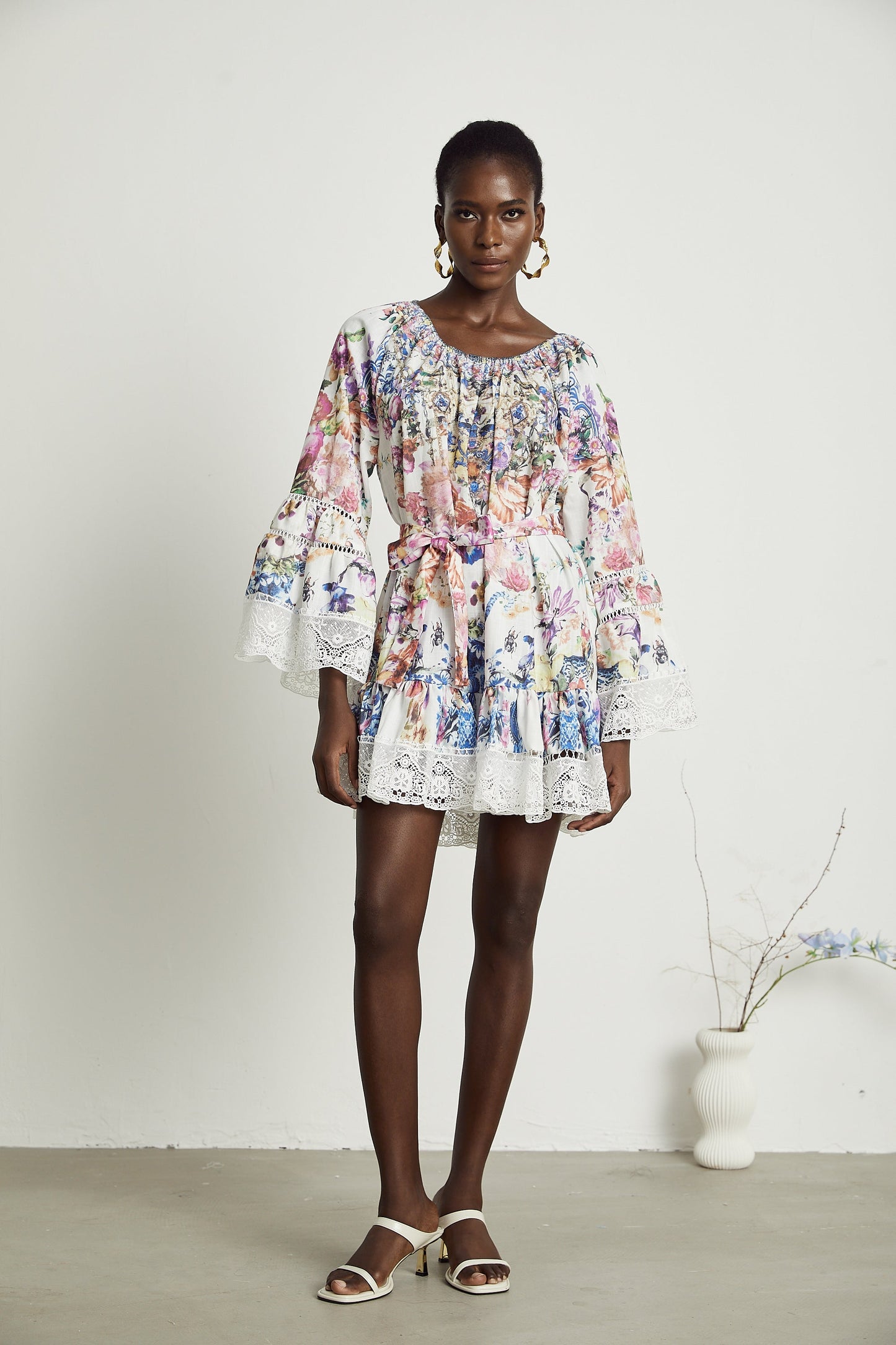 Bérénice Çiçek Desenli Dantelli Mini Elbise