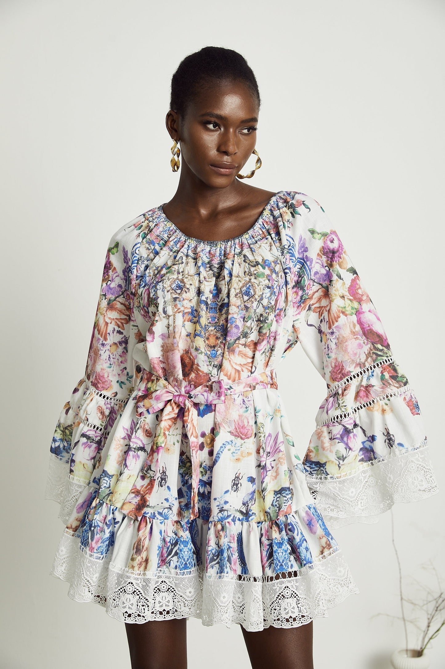 Bérénice Çiçek Desenli Dantelli Mini Elbise