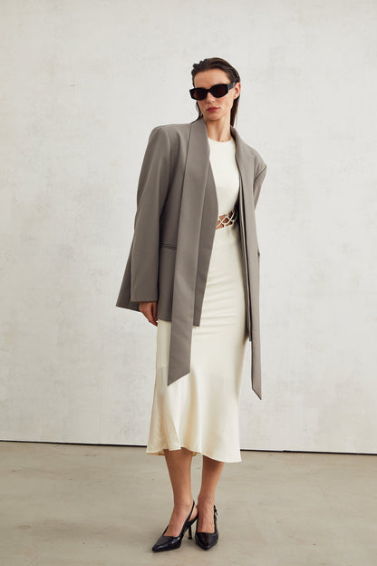 Béatrice Gri Yakasız V Yaka Blazer Ceket