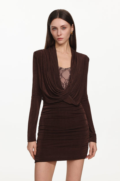 Kassy Şık Kontürlü Degaje Yaka Uzun Kollu Büzgülü Mini Elbise