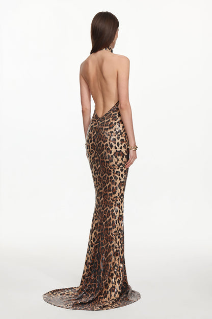 Myka Glamorous Kontür Halter Leopar Desenli Payetli Maxi Elbise