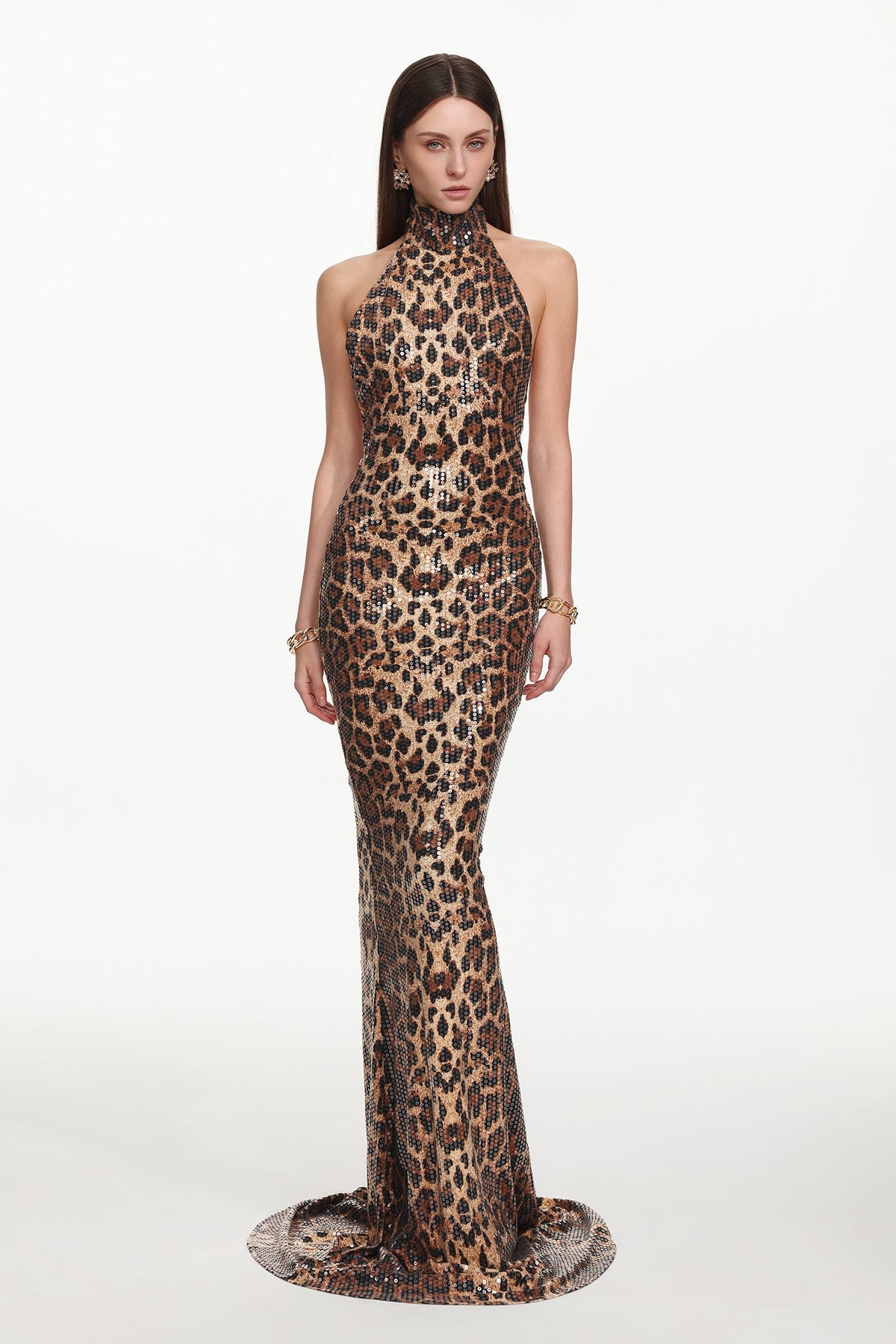 Myka Glamorous Kontür Halter Leopar Desenli Payetli Maxi Elbise