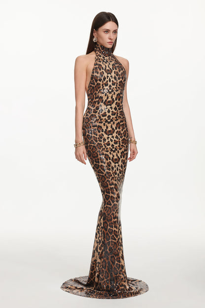 Myka Glamorous Kontür Halter Leopar Desenli Payetli Maxi Elbise