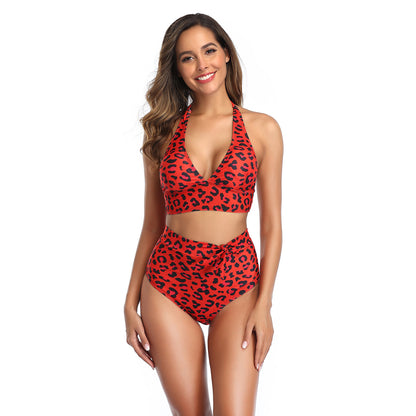 Leopar Baskılı Yüksek Bel Mavi Bikini Takımı