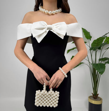 Fiyonklu Straptez Siyah Mini Elbise