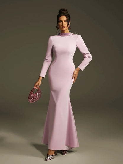 Leylak Kristal Gül Sırtı Açık Maxi Elbise