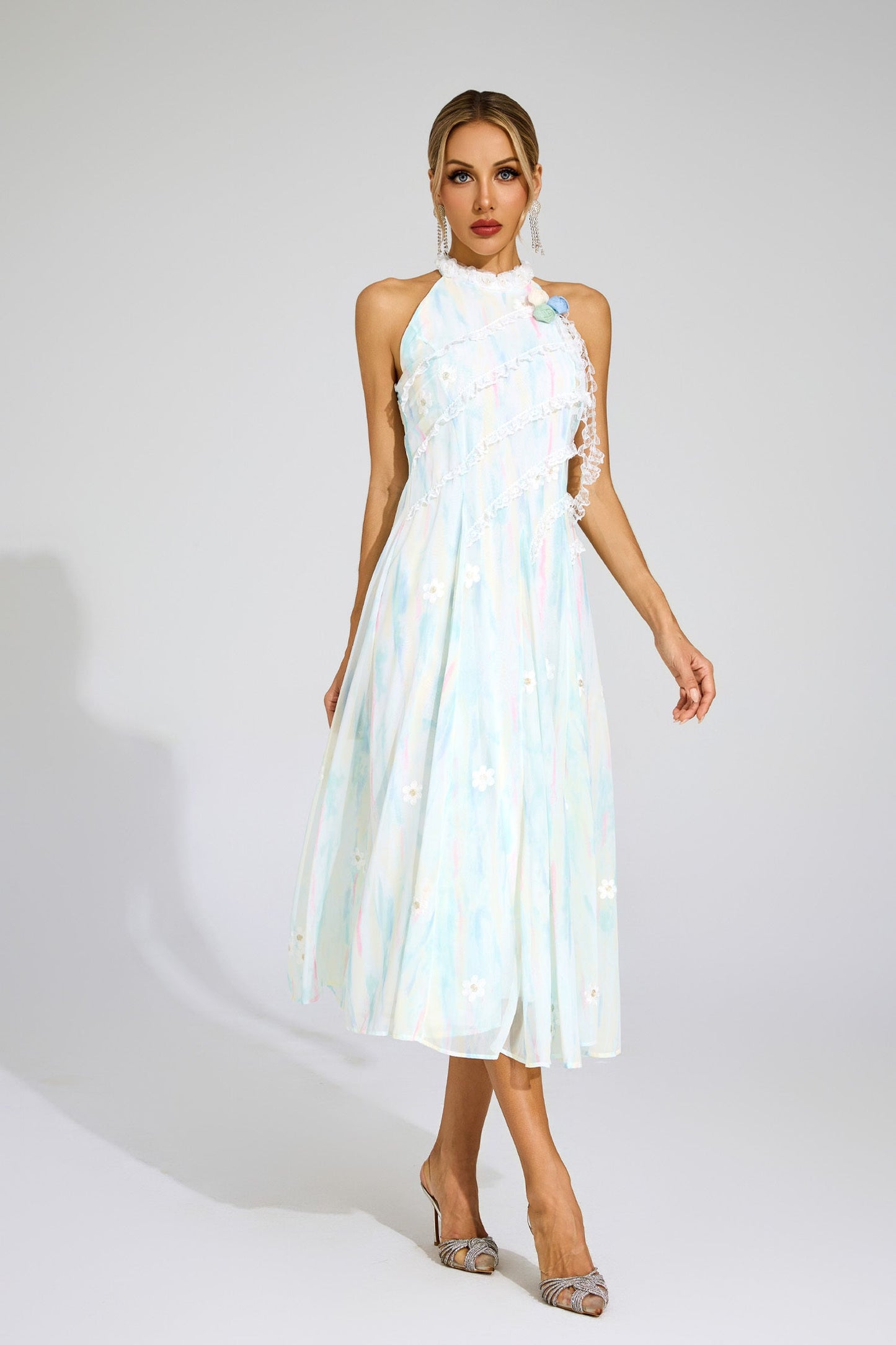 Celeste Pastel Dantel Midi Elbise