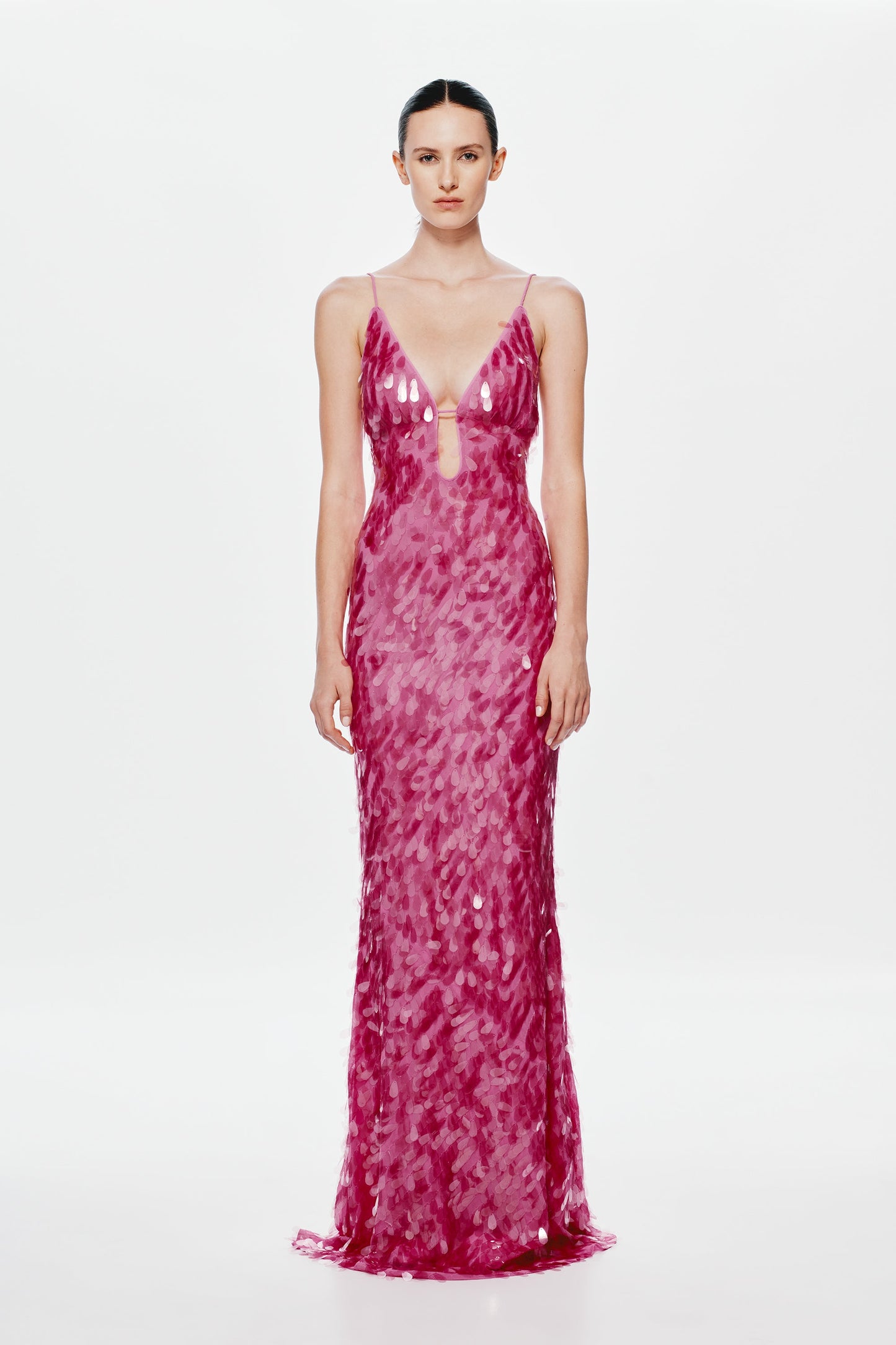 Safir Payetli Maxi Elbise-Pembe