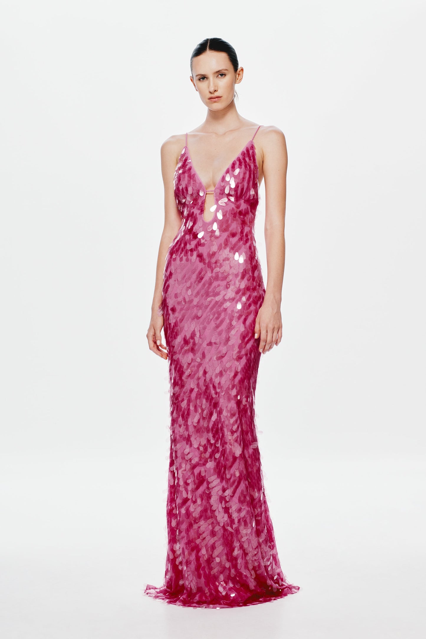 Safir Payetli Maxi Elbise-Pembe