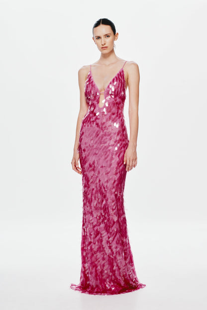 Safir Payetli Maxi Elbise-Pembe