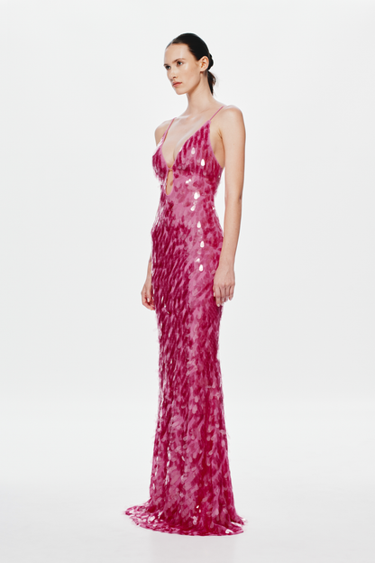 Safir Payetli Maxi Elbise-Pembe