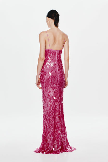 Safir Payetli Maxi Elbise-Pembe