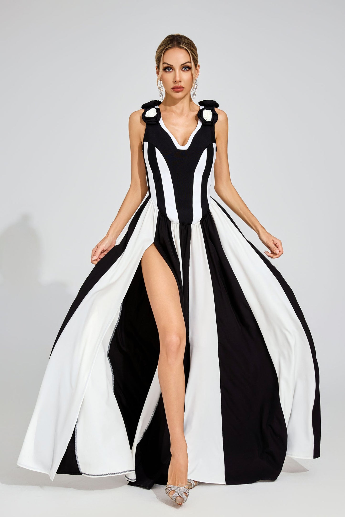 Fleur Noir Çizgili Maxi Elbise