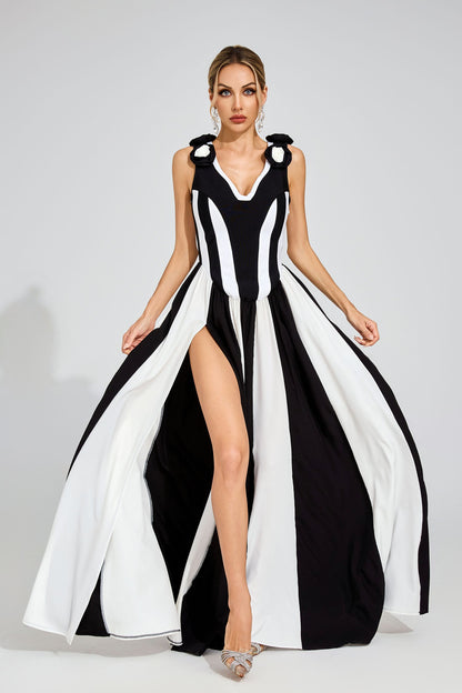 Fleur Noir Çizgili Maxi Elbise