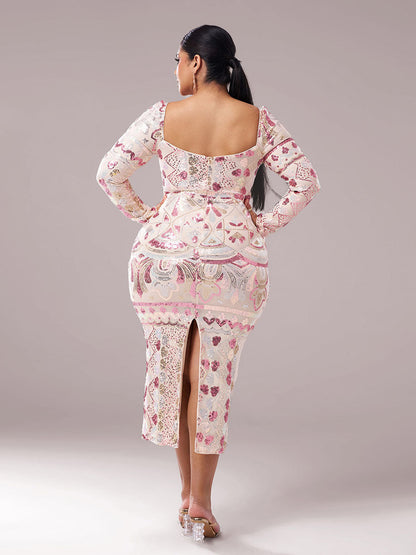 Juno Kare Yaka Uzun Kollu Midi Elbise